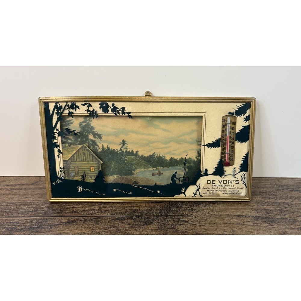 Vtg Advertising Thermometer Reverse Painted Scene De Von's Jewelry California